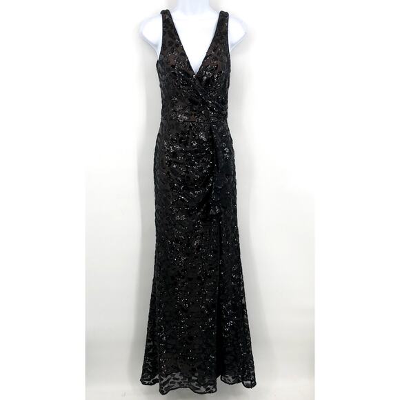DRESS THE POPULATION Sequin Ruffle Slit Maxi Dress Small Black Leopard NWOT - Picture 1 of 7